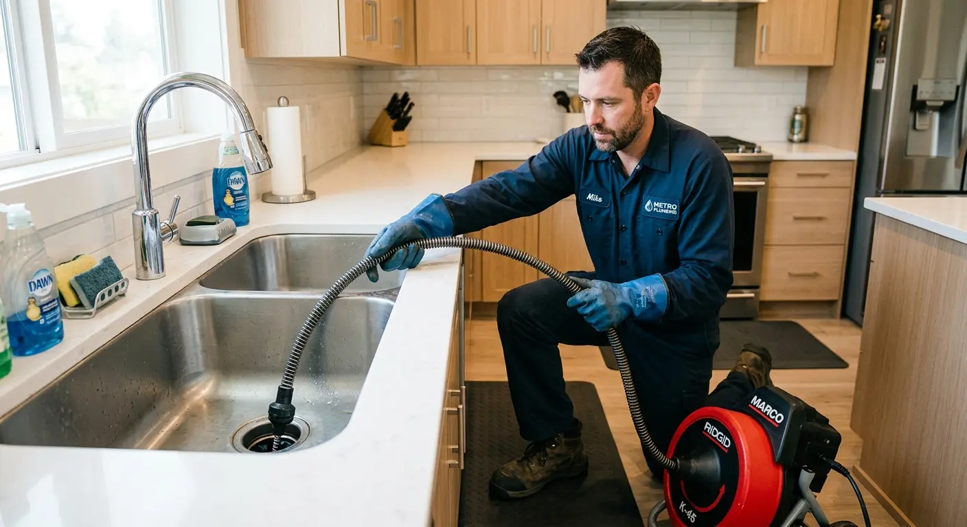 Drain cleaning technician using a motorized snake on a kitchen sink in Timberlake