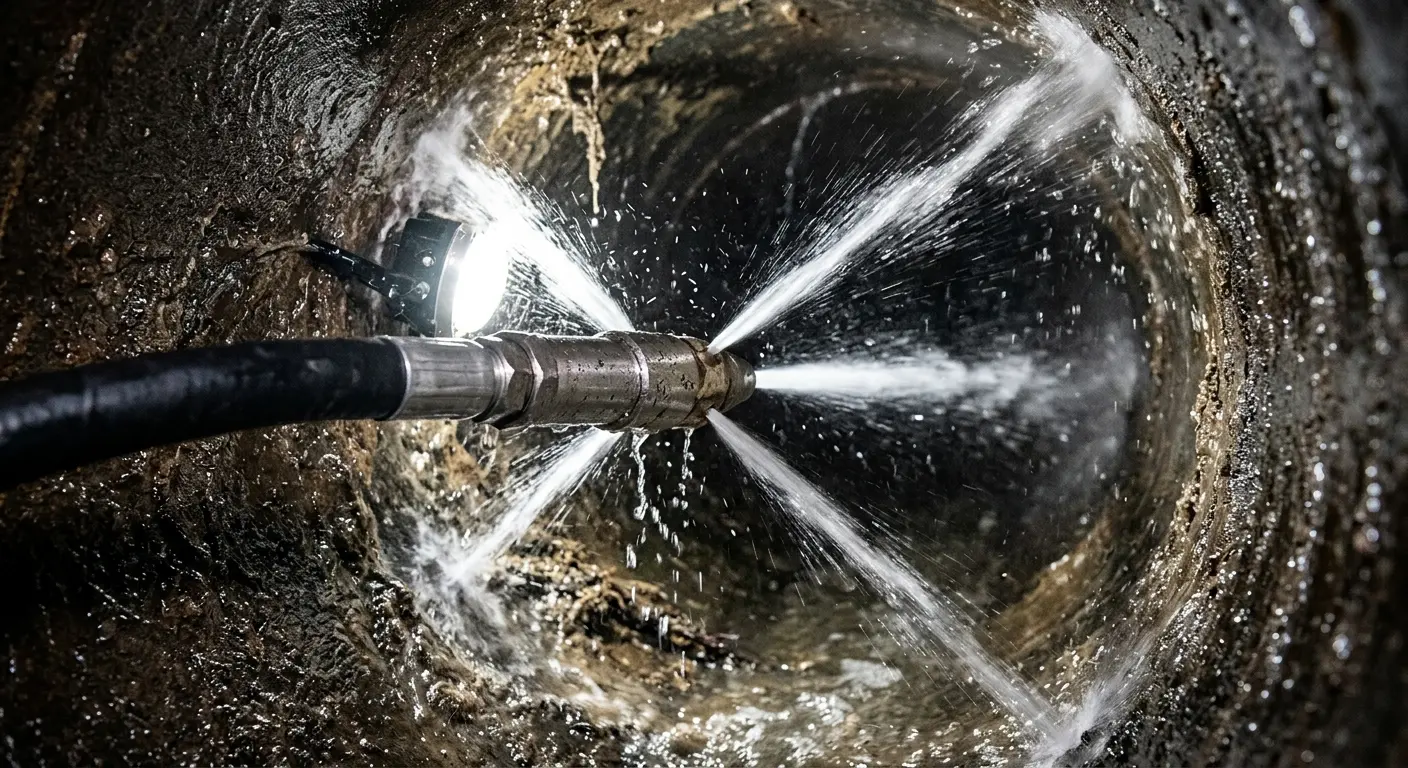 High-pressure hydro jetting nozzle cleaning sewer pipe for Emergency Drain Service in Timberlake
