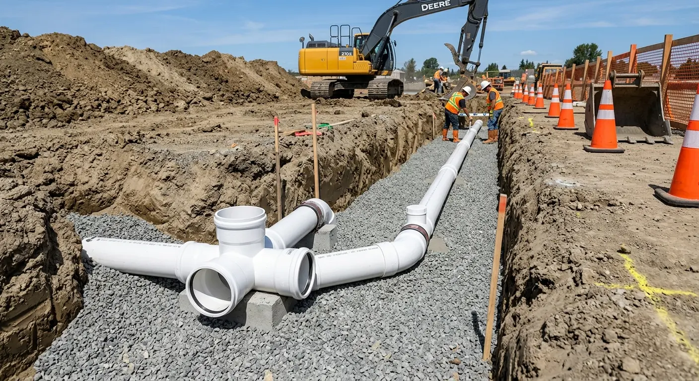 New PVC sewer pipe installation in open trench for Sewer Backup in Timberlake