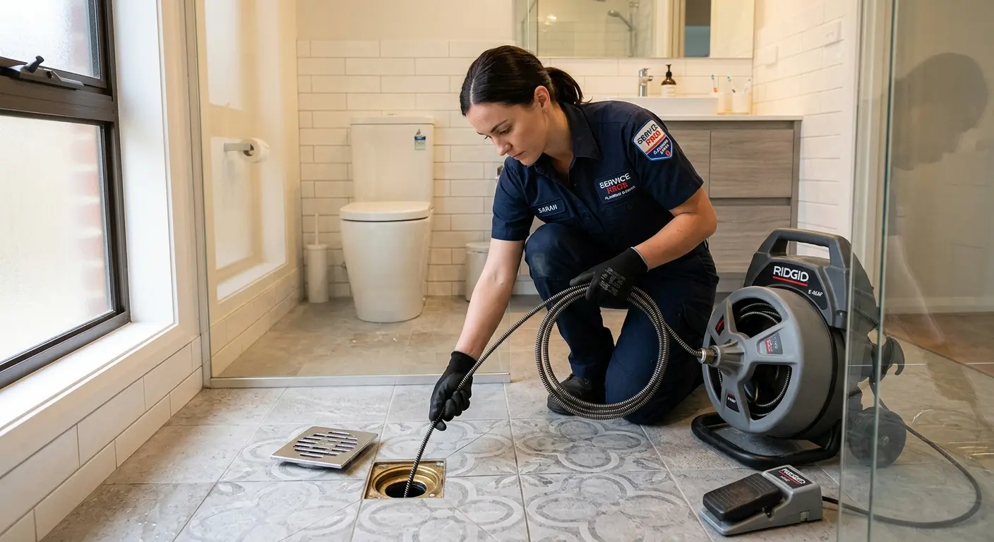 Technician clearing a bathroom floor drain for Drain Cleaning in Timberlake